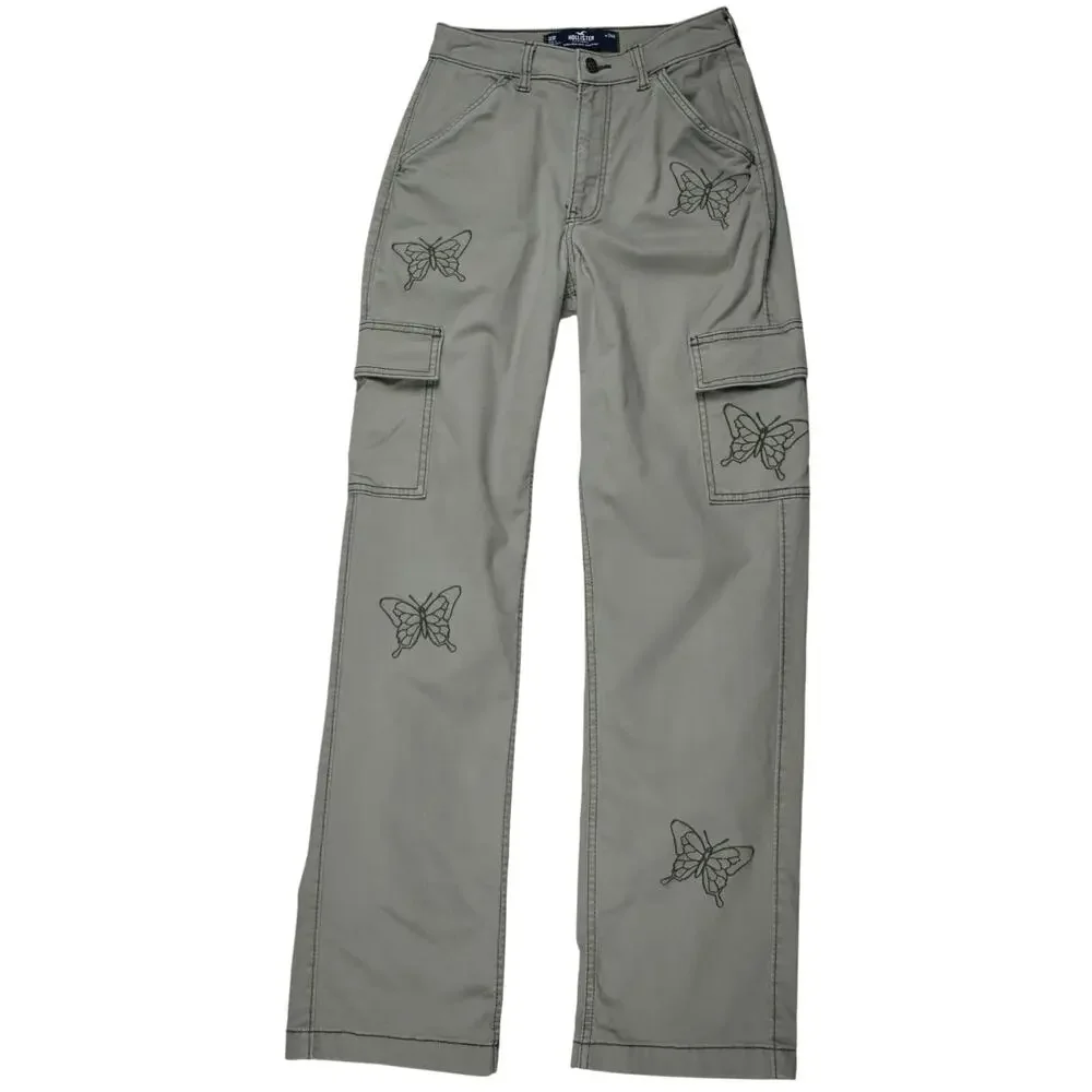 Hollister Women's Cargo Dad Pants 00 / 24 Green Butterfly Ultra High Rise Y2K